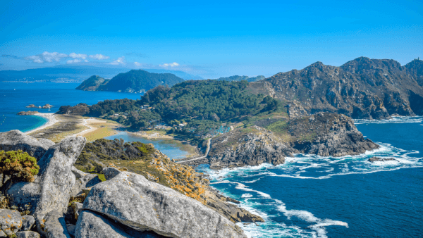 View of the Cíes Islands with Rodas beach, its lagoon and the blue sea near Vigo